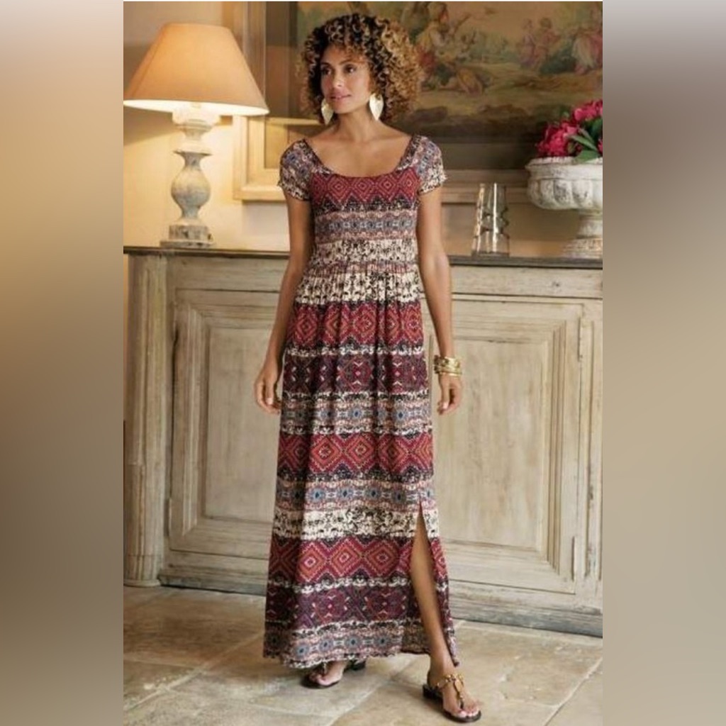 Soft Surroundings Marcelo Long Maxi Dress Bohemian Size M Smocked Stretch Slits